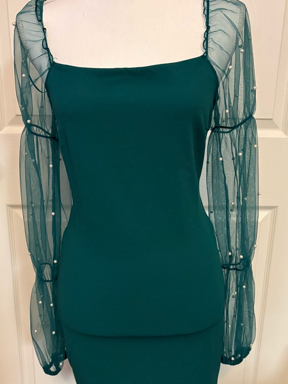 Sheer Pearl-Sleeve Square Neck Dress in Green